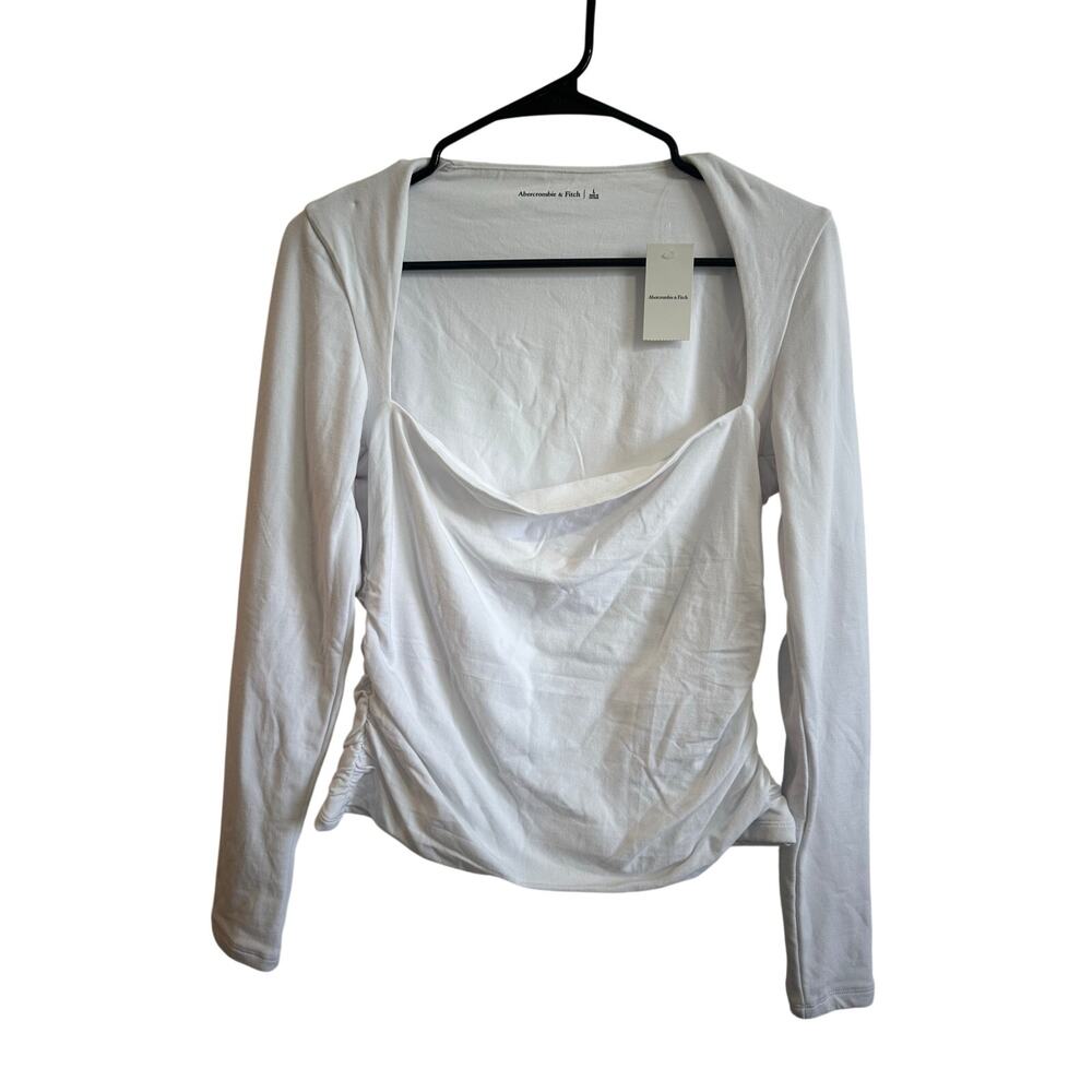 Abercrombie & Fitch NWT Longsleeve White Maxi Tee Sz L Squareneck Ruched Side